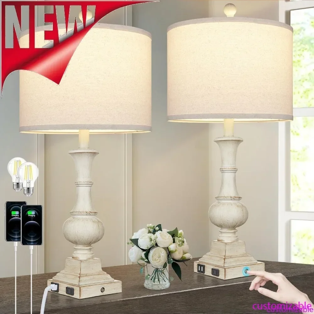

Customizable-26" Farmhouse Table Lamps Set Of 2, Rustic Touch Control Bedside Lamps With 2 USB Ports & AC Outlet, Vintage White