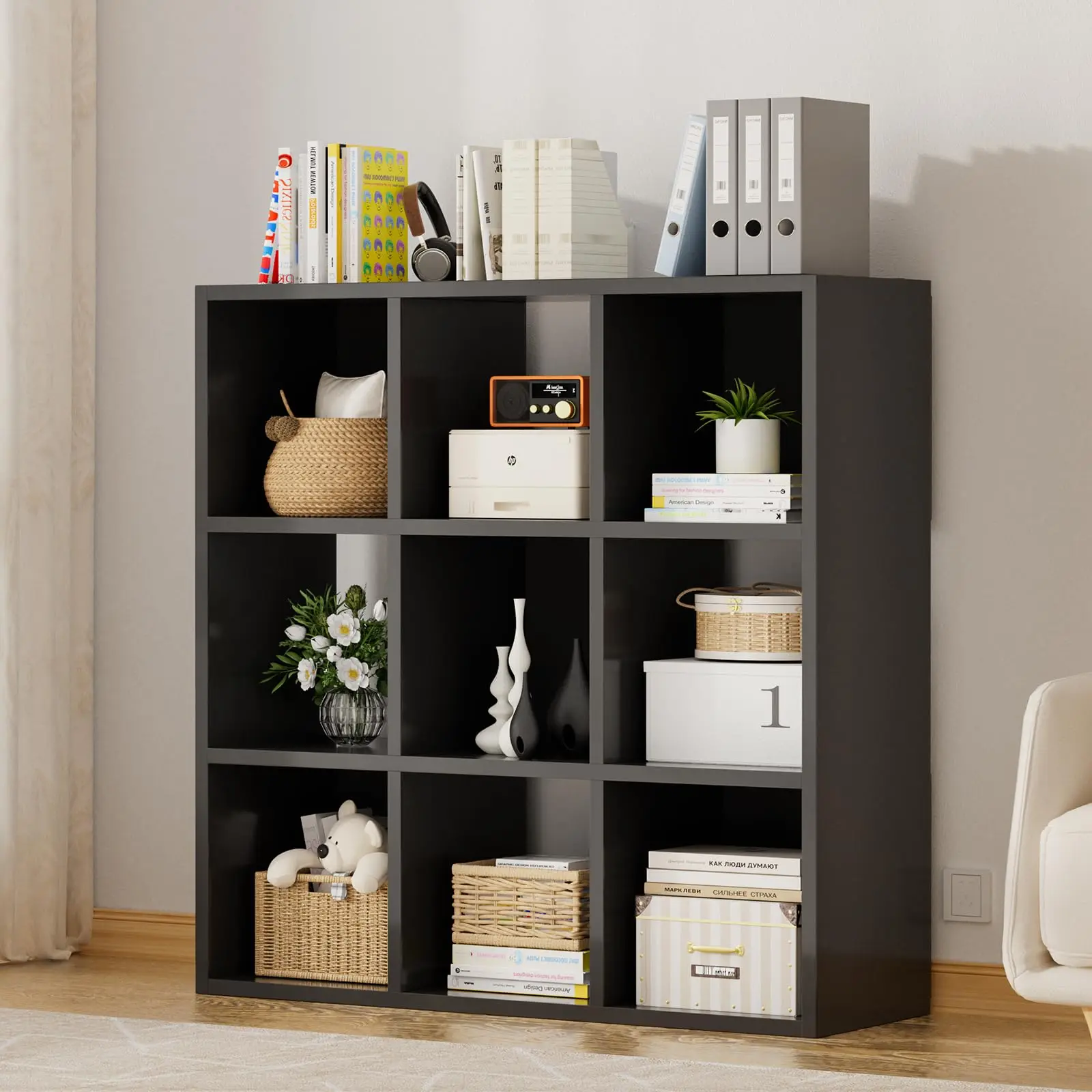 

6-Cube Modular Storage Shelf Black Wooden Bookcase For Home Office Living Room