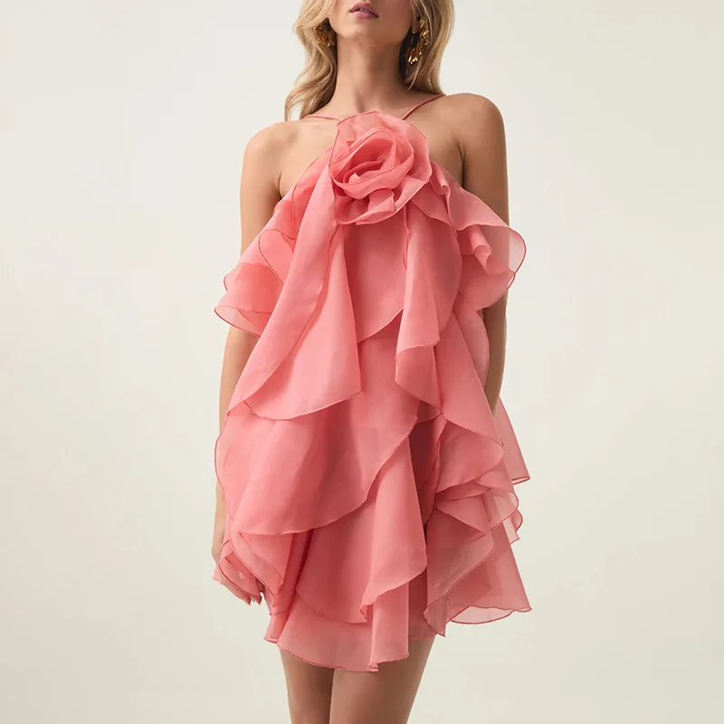 

Sexy Ruffle Flower Short Dress 2025 Summer Holiday Outfits Fashion Patwork Lace-up Mini Dresses Casual Solid Color Clothes