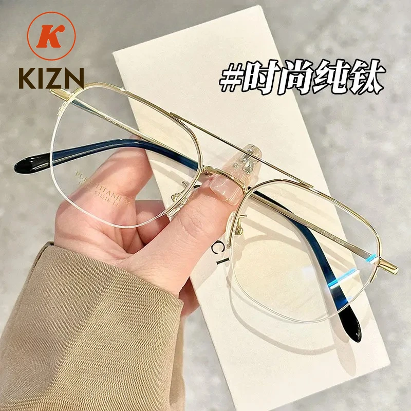 KIZN NEW 052 패션 옵티컬 TR-90 하프림 프레임 순수 티타늄 다리 안경 남성용 안경테