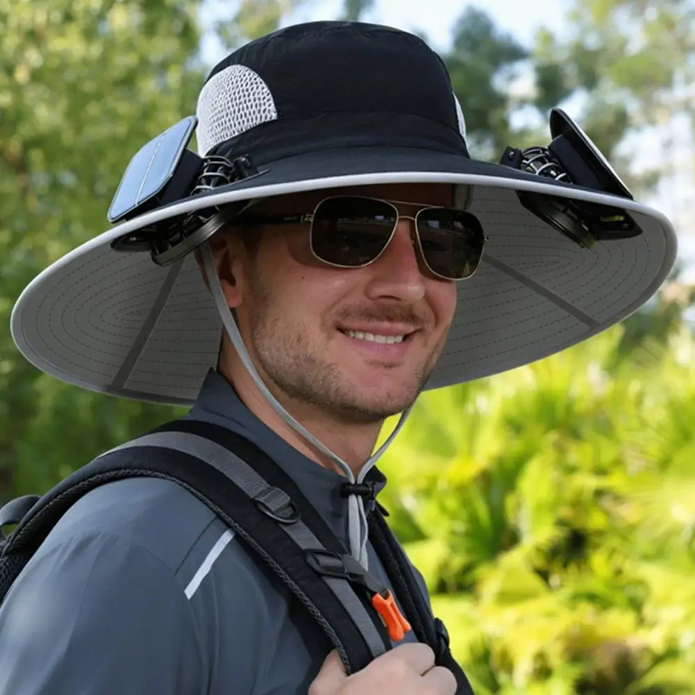 Summer Outdoor Hat Solar Rechargeable Fisherman Hat with Dual Fans Upf 50 Wide Brim Sun Protection Hat for Fishing Camping