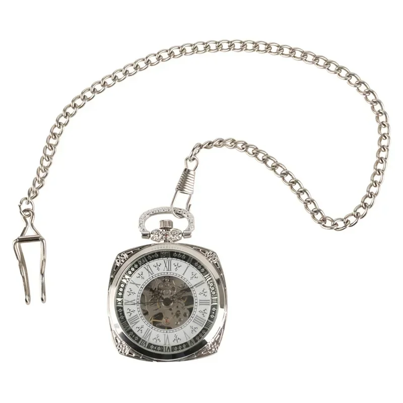Silver Men Women Hand-winding Mechanical Square Case Pocket Watch Skeleton Clock Pendant Chain FOB Watches Roman Numeral