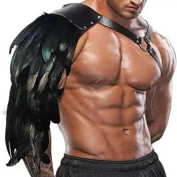 Vintage Medieval Feather Shoulder Armor Men Jacket Feather Shrug Shawl Punk Cape Cloak Halloween Cosplay Props