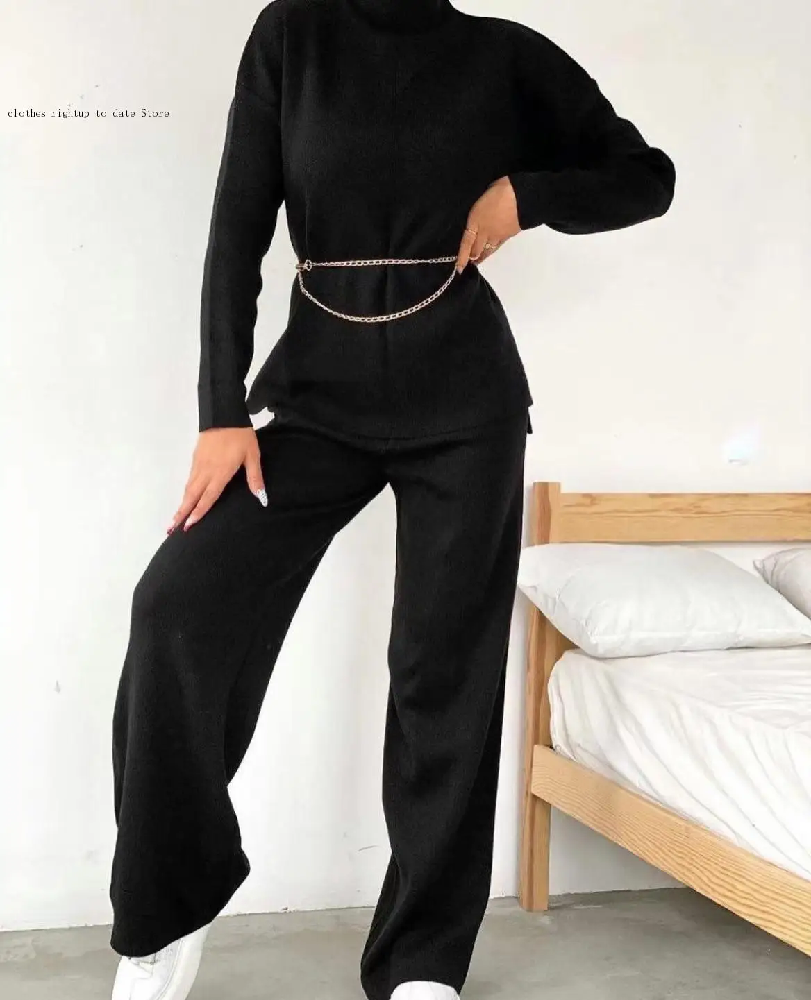 Fall/winter Simple Long Sleeve Loose Casual Sweater Knitted Top Pants Wide Leg Pants Two-Piece Suit