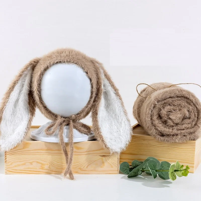 2023Newborn fuzzy bunny hat with wrap for newborn photography props,soft blanket for baby photo shoot