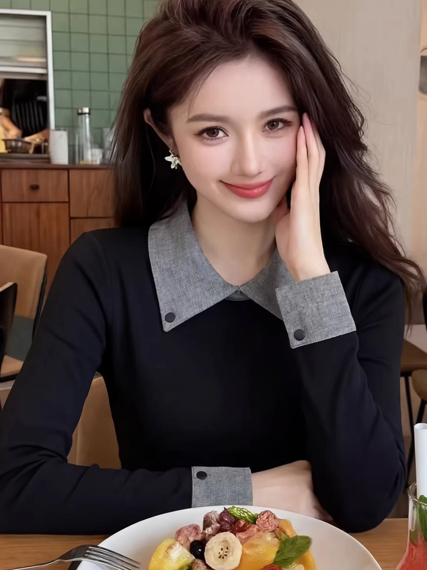 

Bla Splice Ne Long Sve Women's Autumn Winter Design Color Colion Fake Two-Piece Base irt Top Ladies Faion