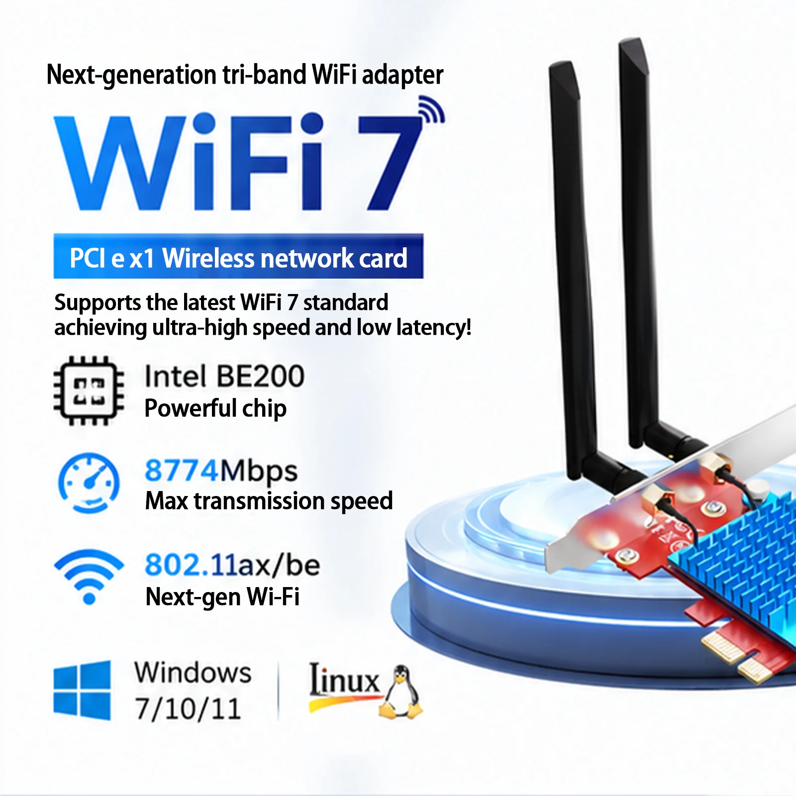 BZIZU Intel BE200 WiFi 7 PCIe Adapter, 8774Mbps Tri-Band 6GHz, Bluetooth 5.4, PCIe X1 for Desktop PC