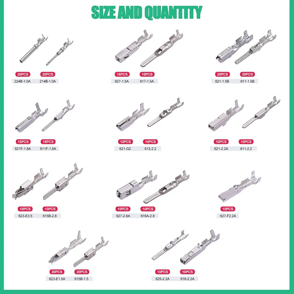 290PCS Flat Plug Cable Car Wire Terminal Pin Connectors 1-3.5mm Connector Pins Terminal Auto Electric Male Female Crimp Pins