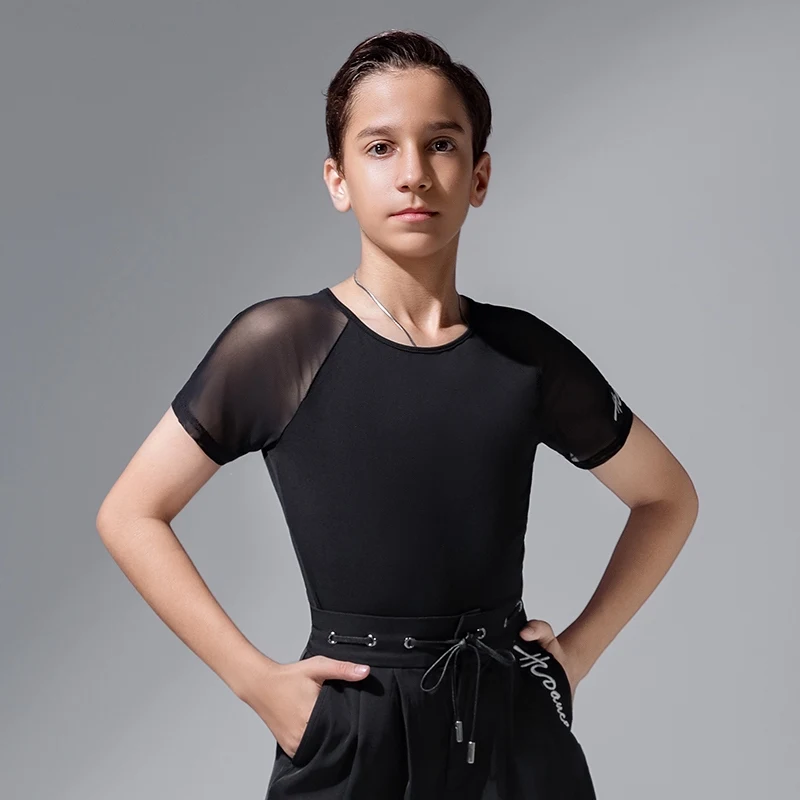 2025 Nieuwe Latin Dance Tops Voor Jongens Korte Mouwen Oefenkleding Kinderen Chacha Rumba Tango Latin Dansvoorstelling Slijtage DQS 20469