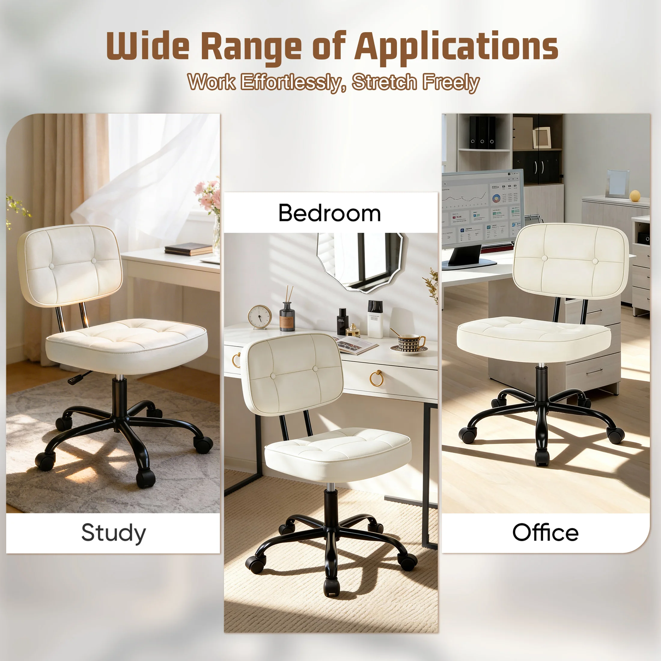 Rolling swivel base detail of Japandi Ergonomic Armless PU Leather Swivel Desk Chair in minimalist workspace