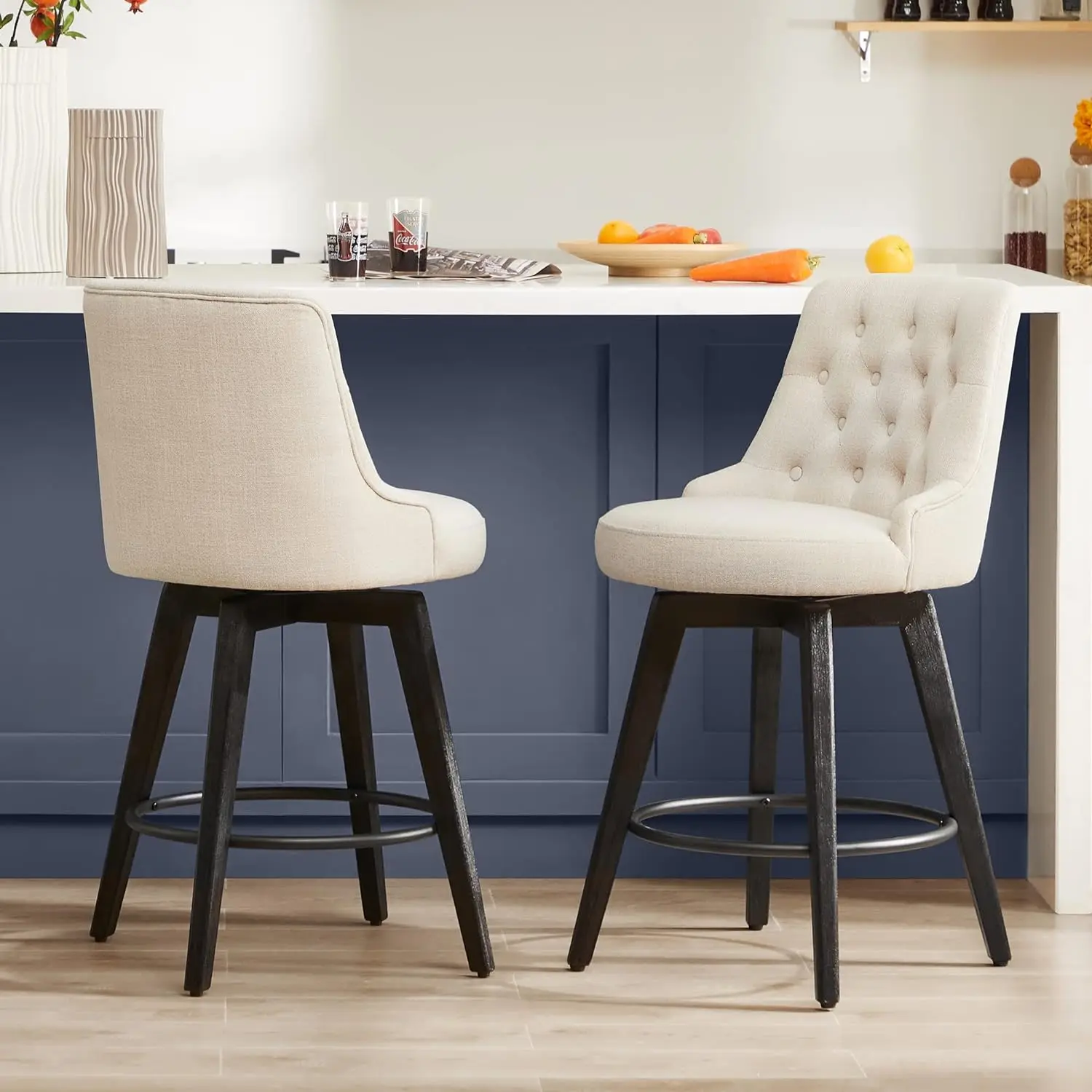 Watson & Whitely Modern Swivel Bar Stools, Faux Leather Upholstered Counter Height Bar Stools With Back, Solid Wood Legs, 26