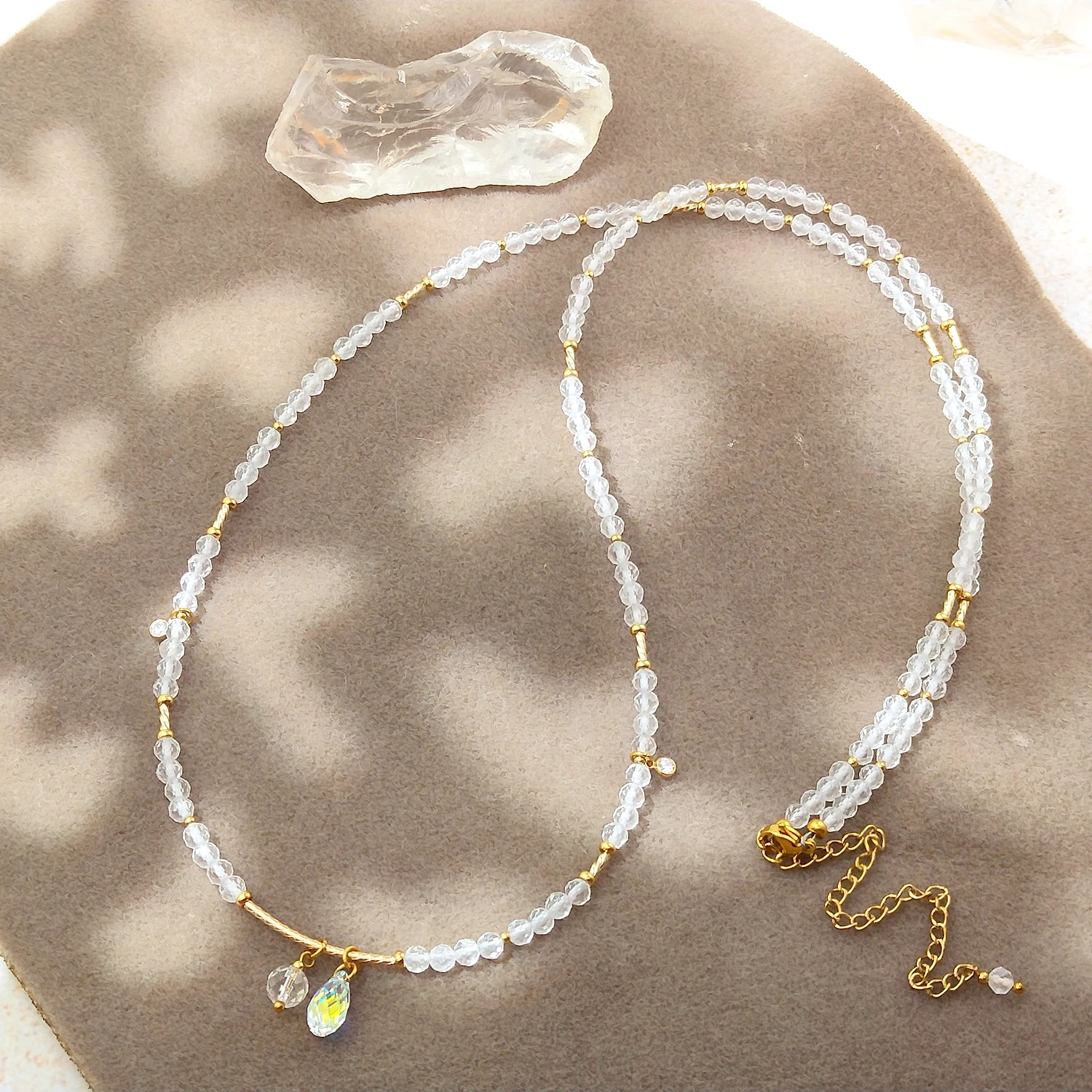 

Lii Ji 4mm Clear Quartz Stainless Steel Gold Plated Waist Chain 75+9cm Natural Stone Handmade Jewelry