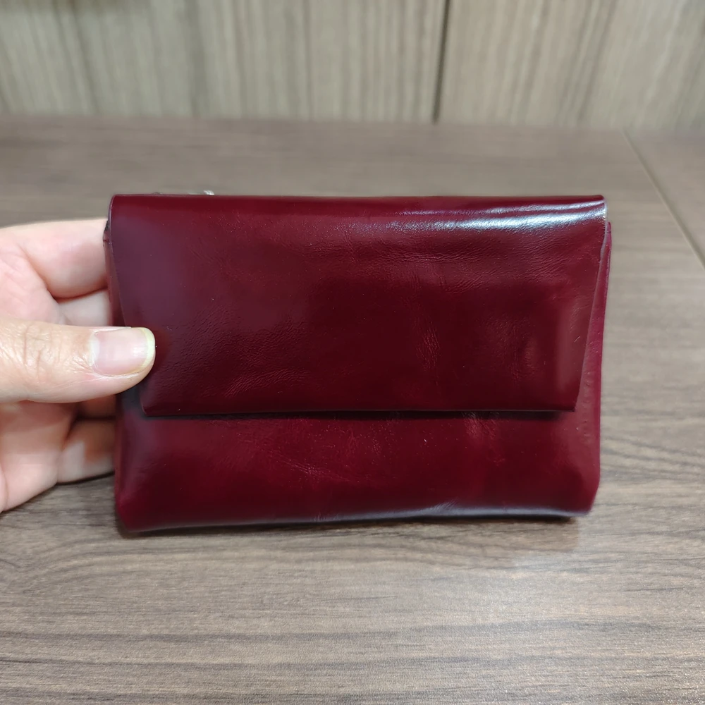 Vintage Oil Waxed Genuine Cow Leather Short Wallet Women High Quality Retro Cowhide Flap Over ID Card Holder Money Bag Purse