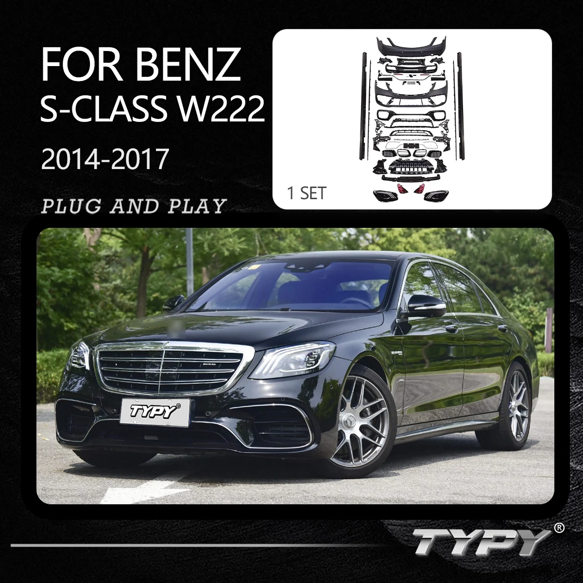 

Комплект кузова TYPY для Benz S-Class W222 2014-2017, модифицированные модели 2018 S63, КОМПЛЕКТЫ КУЗОВОВ, передние и задние бамперы, дизайн 1:1