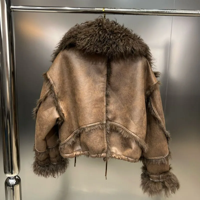 Winter Faux Lambskin Lapel Long-sleeved Inner Liner Thickened Fur One-piece Cotton-padded Jacket Street Fashion Warm Women Coat