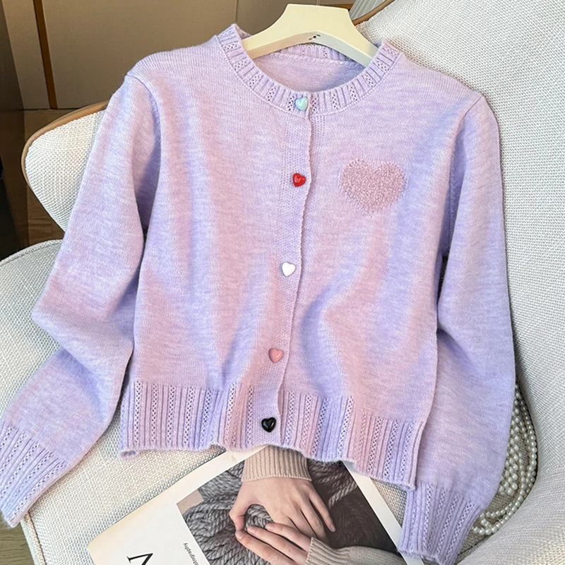 Korean Style Colourful Heart Button Sweater Women Autumn New Long Sleeve Knitted Cardigans Sweet Female Knitshirts Outerwear