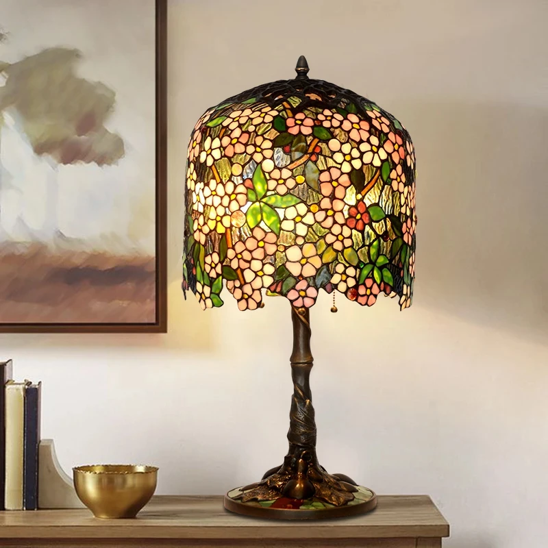 

Table Lamp Tiffany Style Copper Bases Grape Flowers Stained Glass Shade Art Home Deco Desk Light Antique LED Bedroom Lamp
