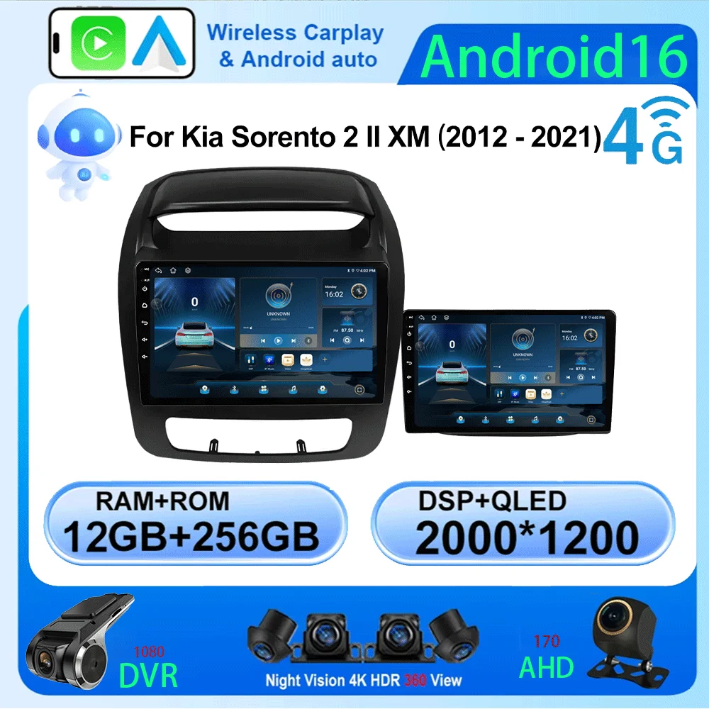 Android 16 2din Stereo autoraido For Kia Sorento 2 II XM 2012 - 2021 Car Multimedia Navigation GPS Carplay Radio DVD 4G+5G+WIFI