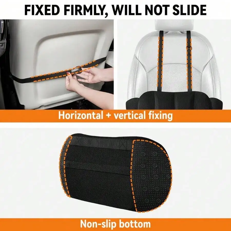 Black Lumbar Support Pillow With Adjustable Straps For Car Seat And Office Chair, Ergonomic Back Cushion For Driving And
