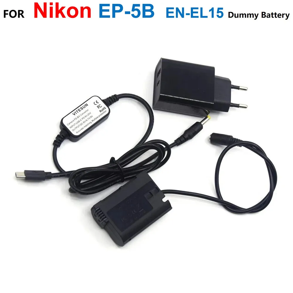 

EP-5B Coupler EN-EL15 Fake Battery+USB Type-C Power Bank Cable+PD Charger For Nikon Z7 Z6 D7500 D7200 D850 D810 D800 D800E D750