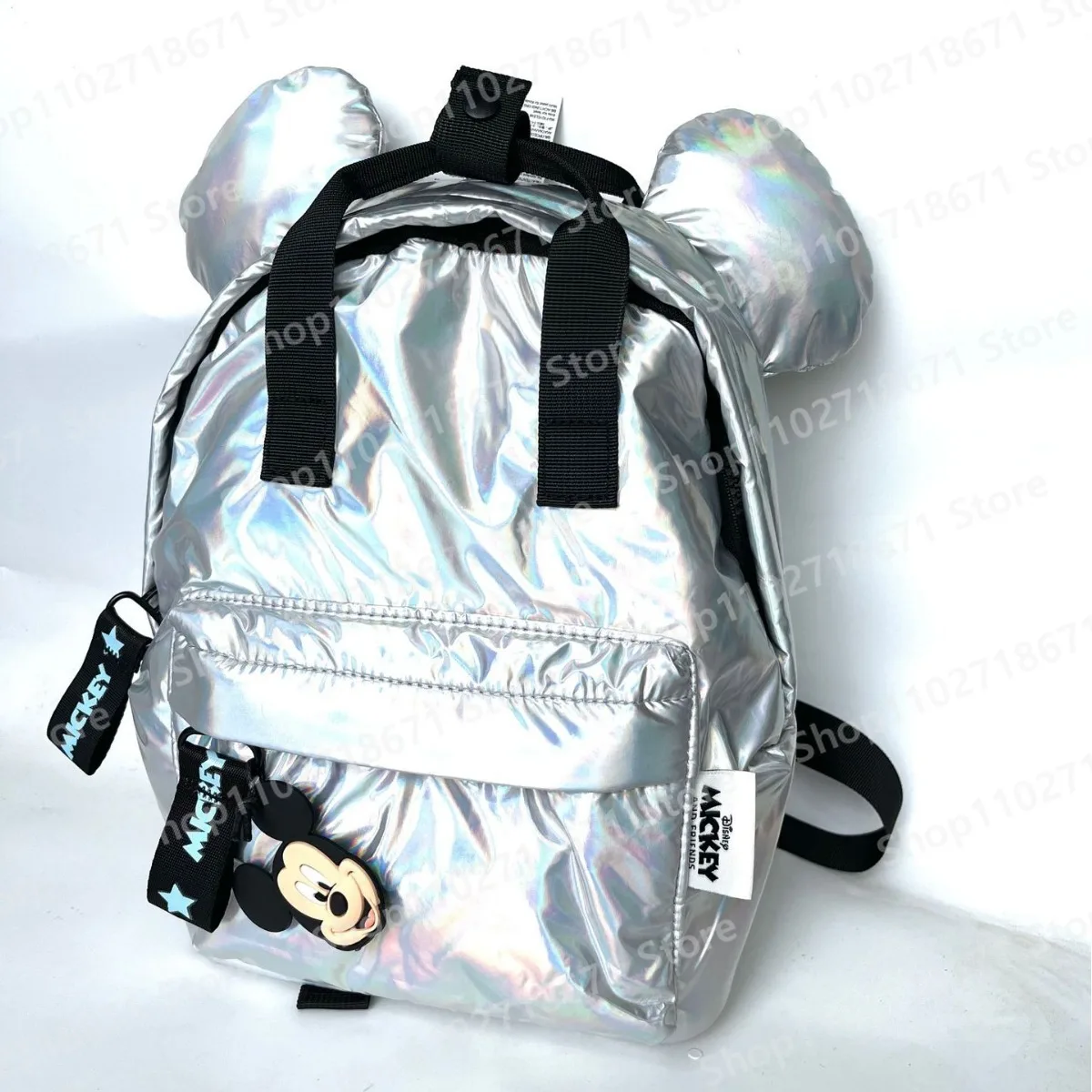 Disney Mickey Mouse prata Laser reflexivo luz Material mochila, mochila criativa para crianças, menina e menino presente, bolsa de moda