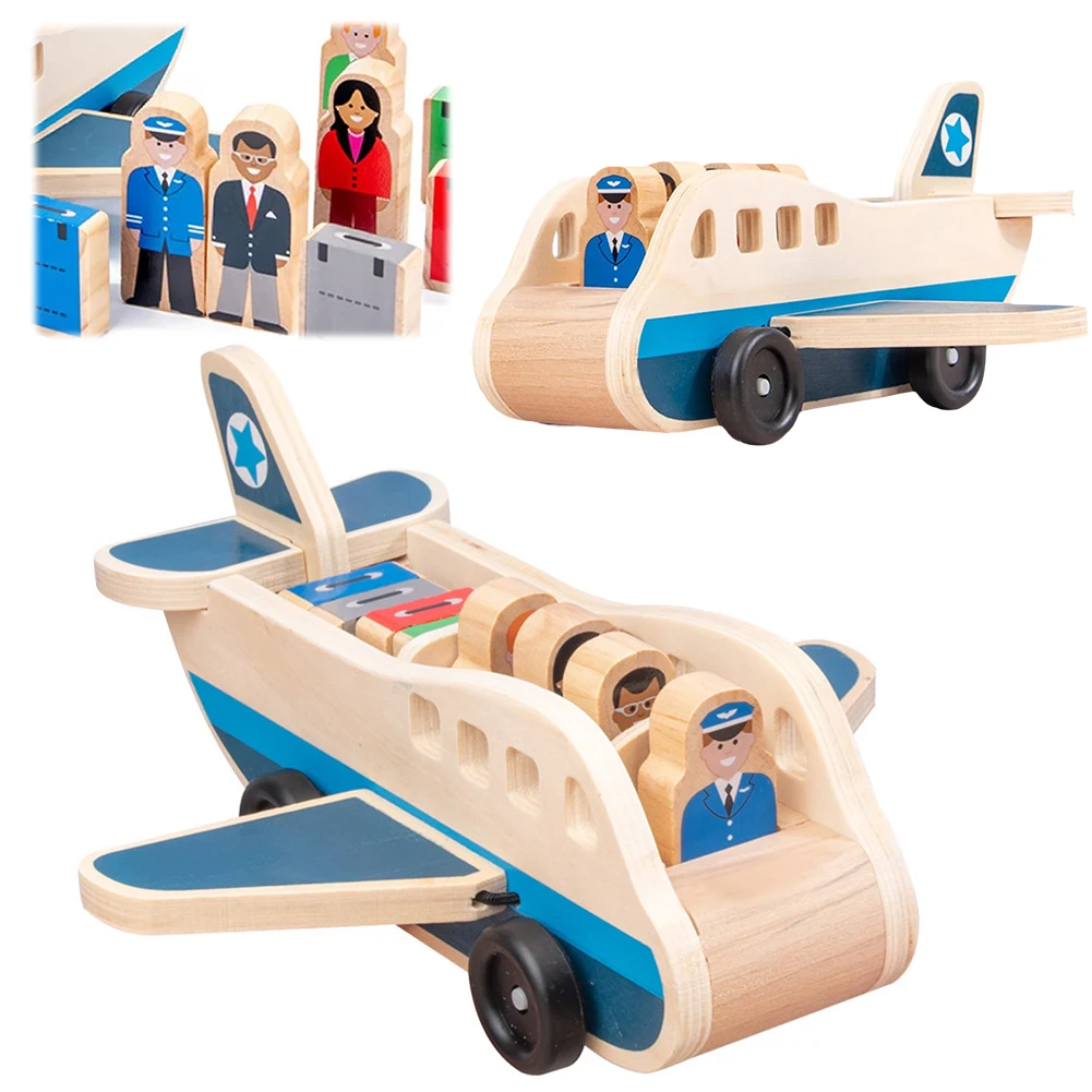 

Wooden Airplane Play Set with 4 Play Figures and 4 Suitcases Passenger Plane Set Toy Plane Set Classic Toddler Toys for Kids
