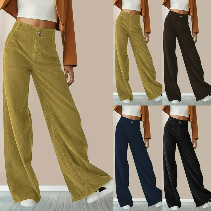 Women High Waist Straight Pants Solid Button Pockets Full Length Pant Casual Spliced Trousers Streetwear Lady Autumn Winter