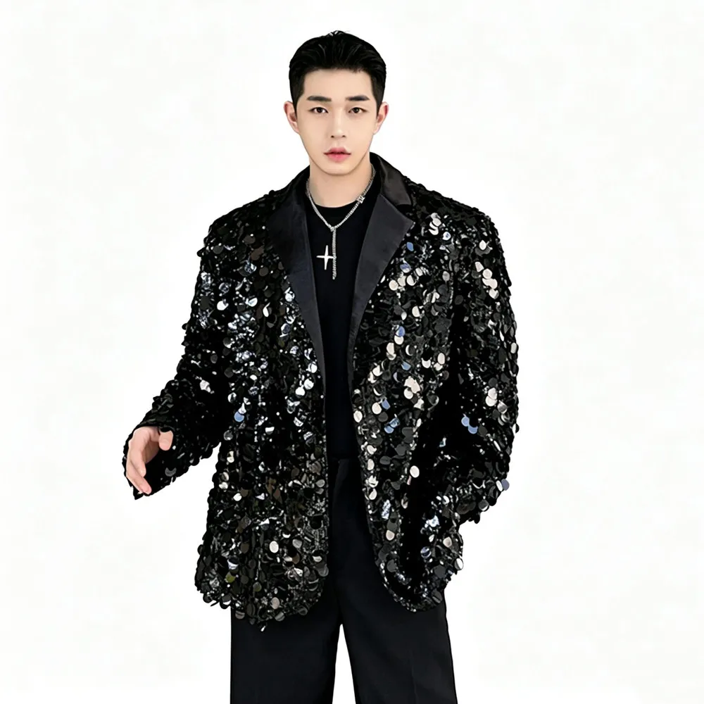 Silver Black Men's Sequin Loose Casual Blazers Bar Nightclub Male Singer Glitter Blazer Party Coat Stage Performance Costume