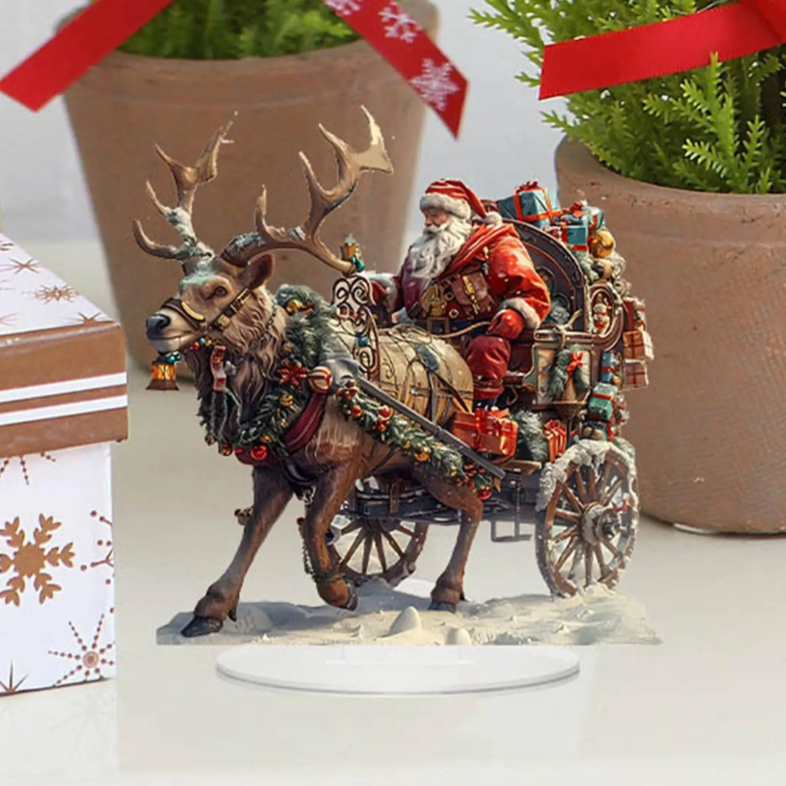 Santa Sleigh Reindeer Figurine 2D Acrylic Table Decor with Santa and Deer for Home Party Winter Holiday Christmas Decorations