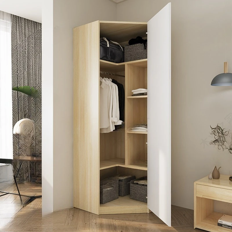 Home bedroom corner wardrobe swing door small apartment modern simple multi-functional space-saving solid wood wardrobe