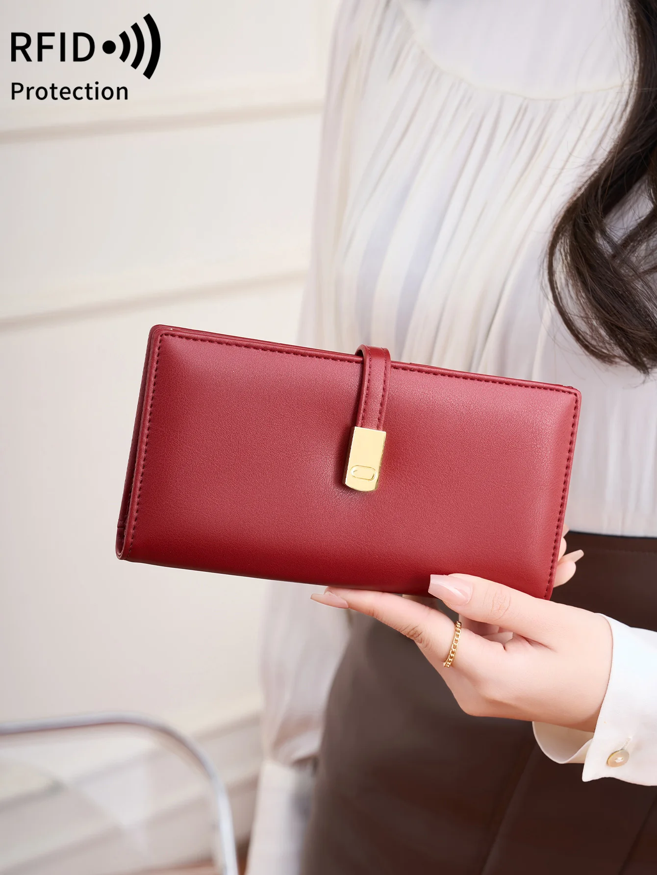 RFID Blocking Ultra-Thin Women's Long Wallet PU Leather Double Fold Credit Card Clip Minimalist Portable Multifunctional Wallet