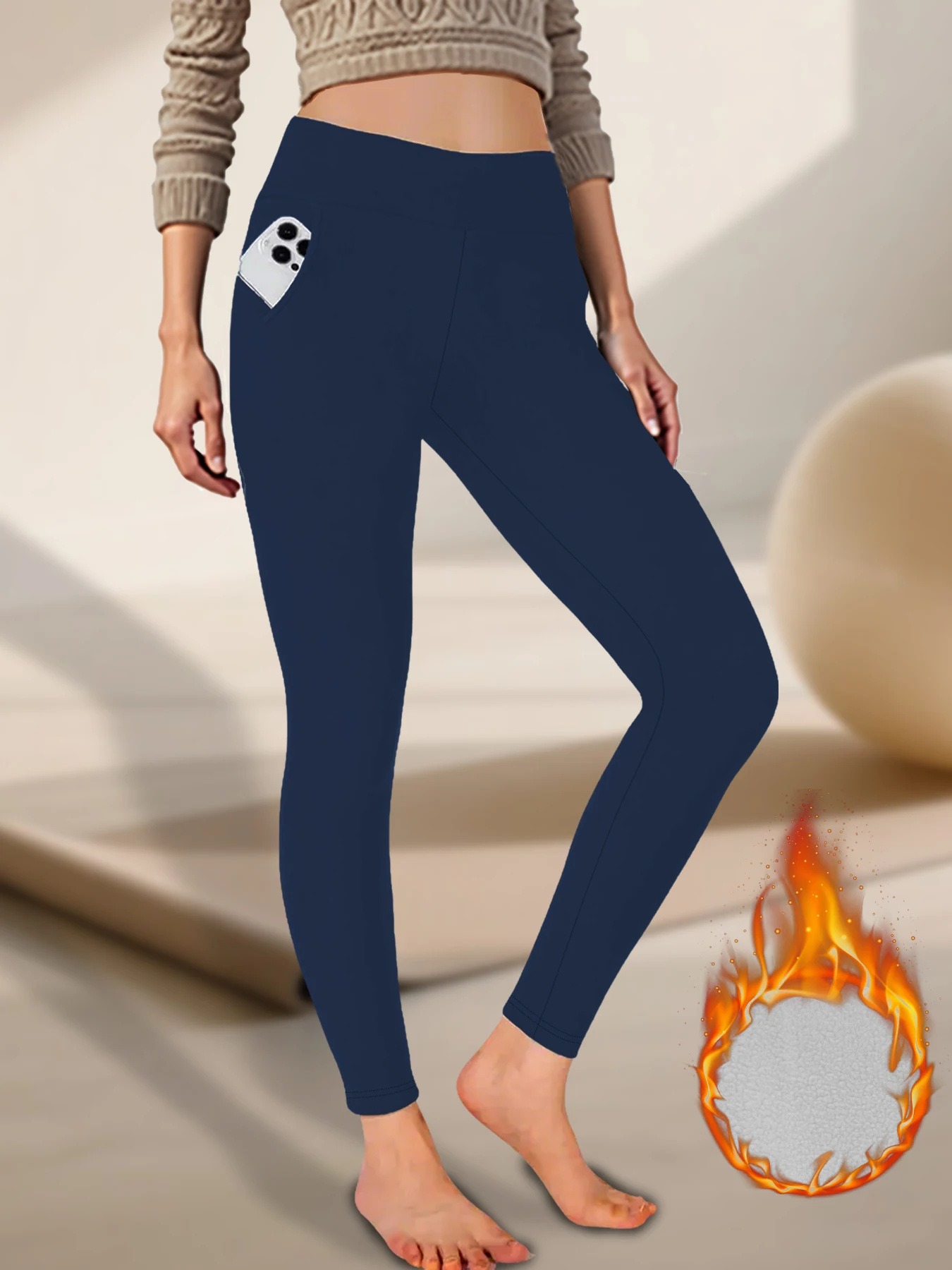 سراويل ضيقة حرارية مبطنة بالصوف مع جيوب للنساء، تصميم عالي الخصر، قماش ناعم سميك، مثالي لتمارين اليوغا في الشتاء البارد #1