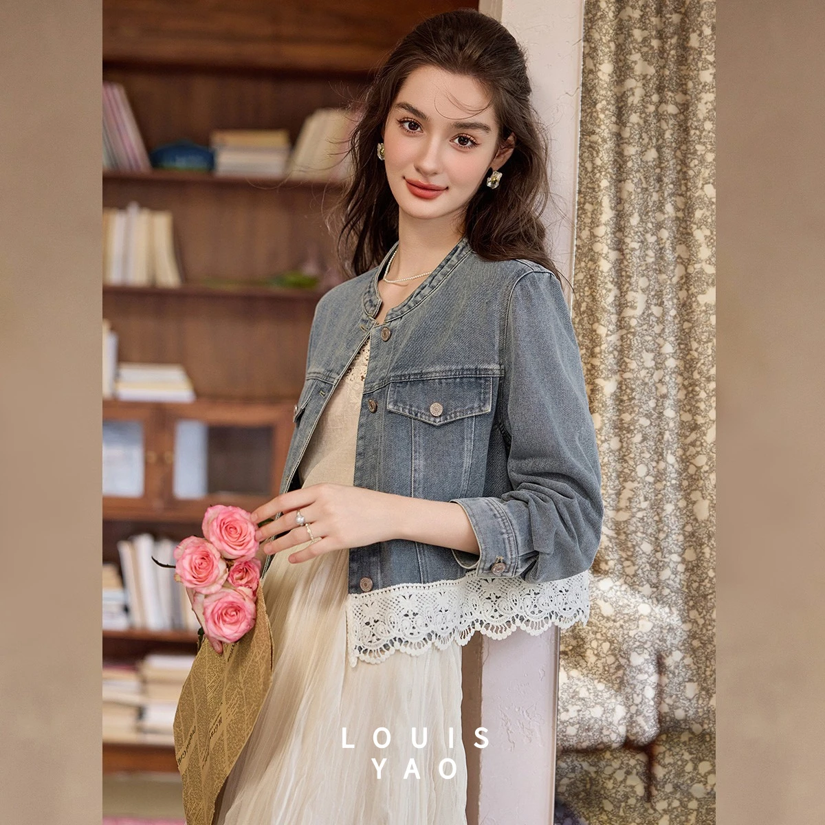 

LOUISYAO 2026 Spring Lace Patchwork Women's Denim Jacket Crew Neck Drop Shoulder Sweet Elegant Fashion Cardigan Top