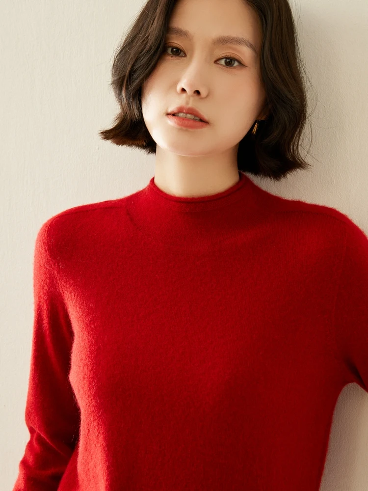 

Autumn Winter New Women Knitted 100% Cashmere Sweater Pure Color Half High Collar Loose Bottom Shirt Roll Edge Casual Pullover