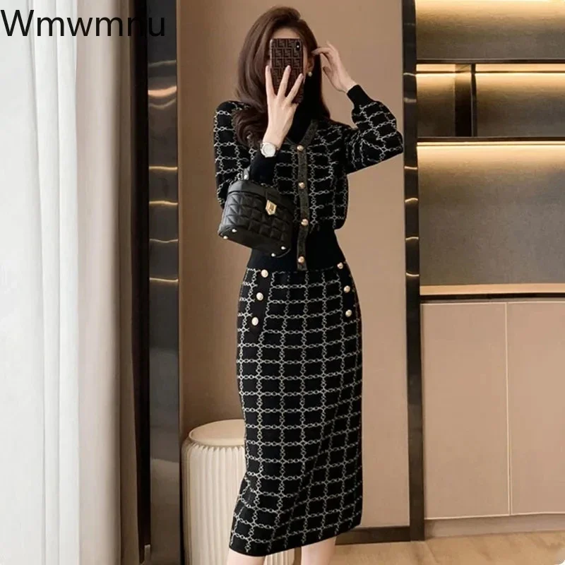 Korean Plaid Sweaters 2 Piece Sets Women Causal Half Turtleneck Knit Pullover Tracksuit Slim High Waist Knitwear Skirts Conjunto