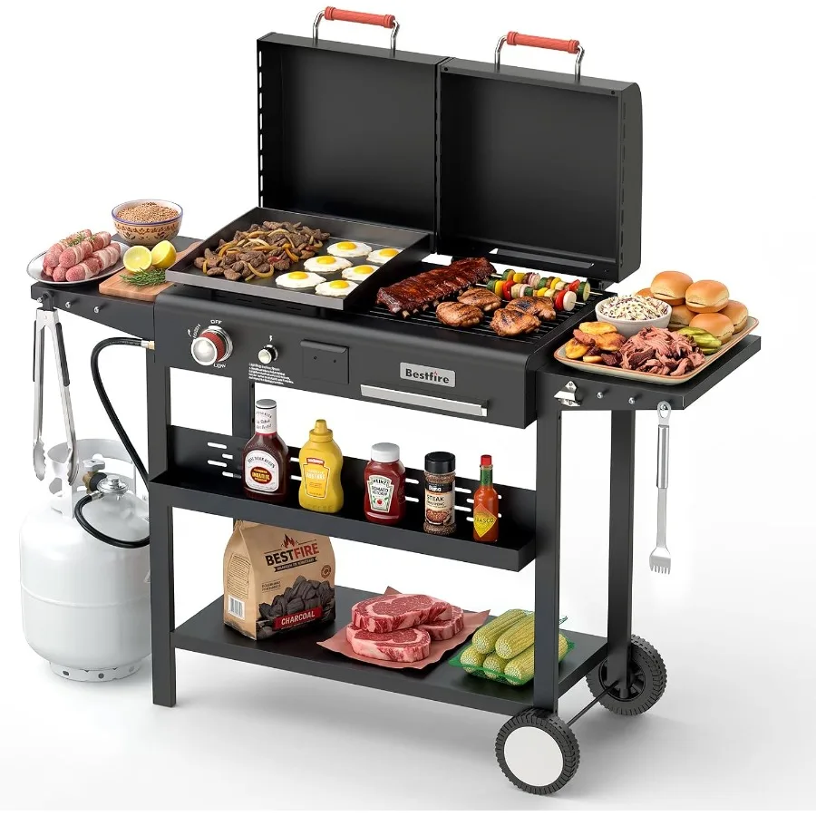 Dual Fuel Gas & Charcoal Grill Combo, 327 Sq.In Flat Top Griddle with Cast Iron Surface, Dual Lids, Side Shelves, Slidable Grease & Ash Trays