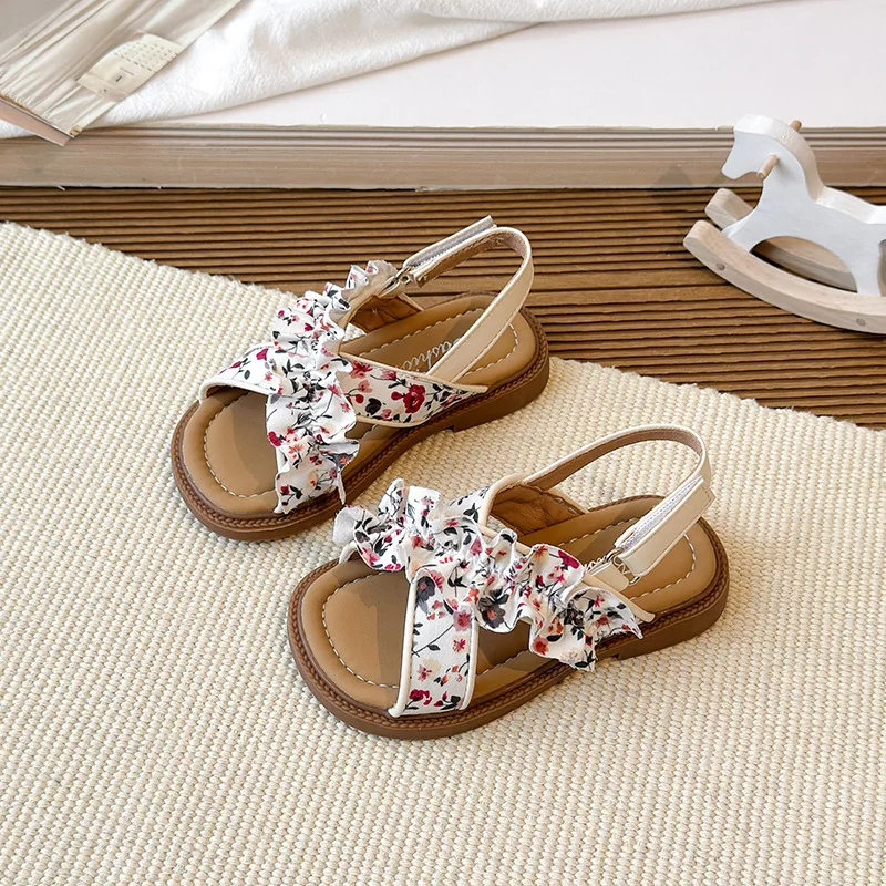 Kids Girls Floral Ruffle Strap Sandals Elastic Back Band Anti Slip Soft Flat Summer Casual Beach Walking Shoes