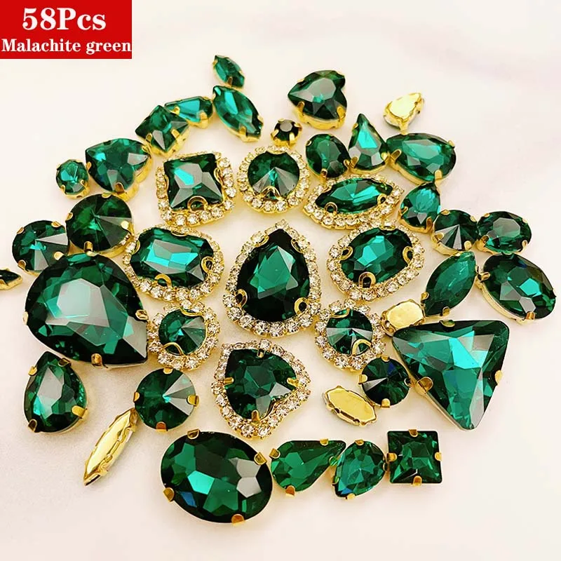 Mixed Shape 58pcs/bag Malachite Green Glass Rhinestones, Golden Base Crystal Buckle Use for Needlework, DIY Sewing Accessories