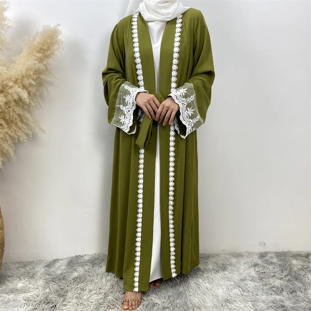 

Dubai Muslim Open Kimono Cardigan Abaya Lace Embroidery Dress Eid Dubai Woman Arabic Robe Kaftan Moroccan Islamic Caftan Ramadan