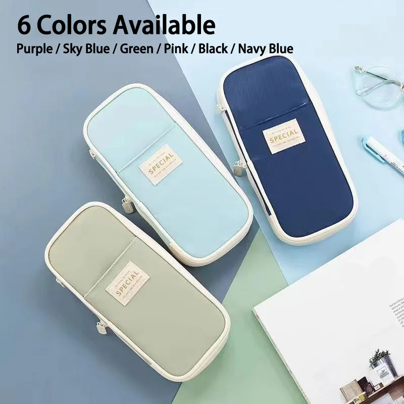 Macaron Color Block Canvas Pencil Pouch Expandable Large Capacity Multi-Compartment Minimalist Stationery Case