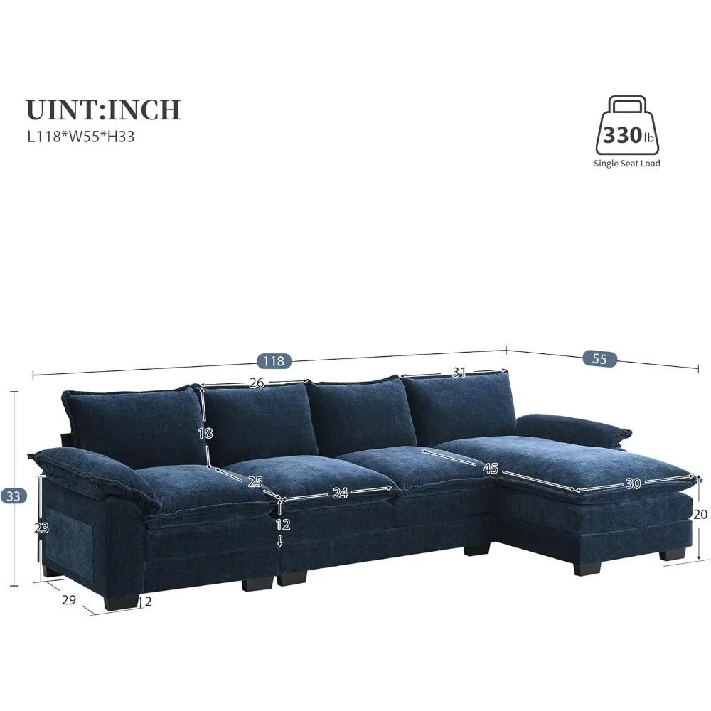 Convertible Sectional Sofa, Modern Chenille Fabric L Shaped Living Room Furniture Set, 5 Seat Sofa with Chaise & Deep Seat