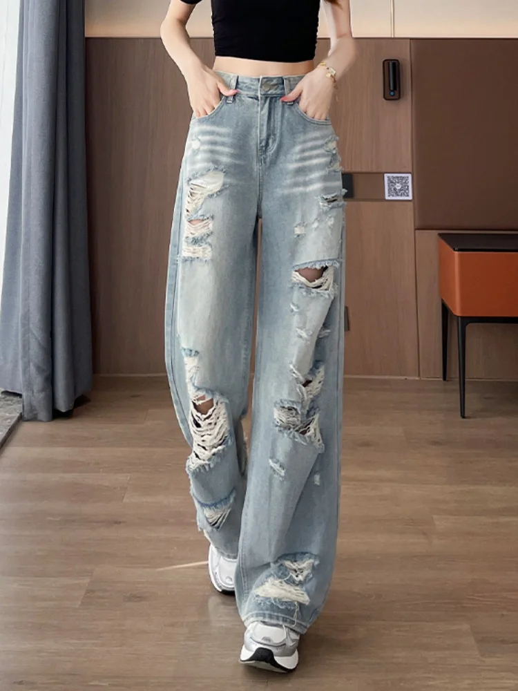 American Retro Hole-punched Jeans Women High Waist Straight-crotch Loose Slim Design High-street Vibe Wide-legged Dragging Pants