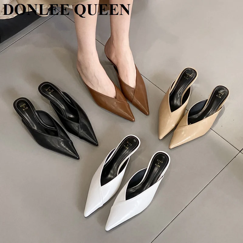 Brand Low Heels Mule Shoes Women Slip On Slides Elegant Shallow Pointed Toe Outdoor Slippers Party Shoes Sandalias Female  Mujer