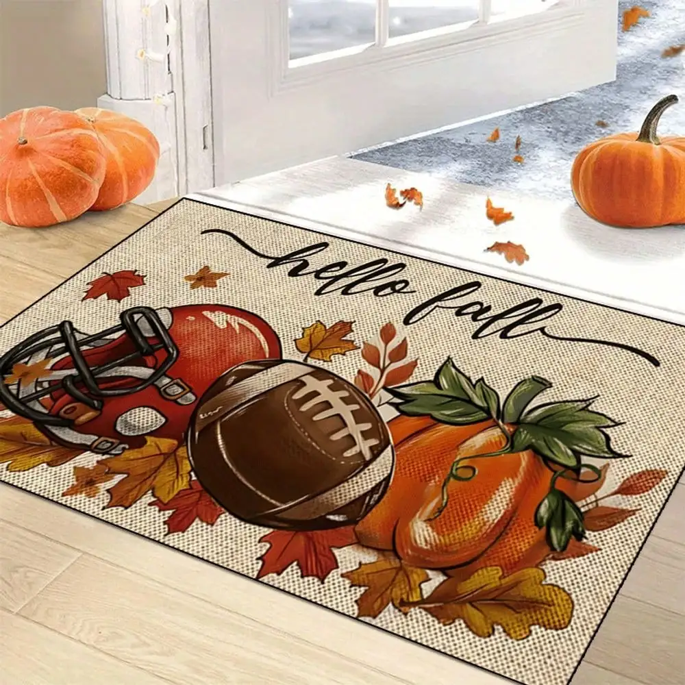 1pc Hello Fall Football & Pumpkin Thanksgiving Doormat Suitable For - Indoor/Outdoor Use, Non-Slip Machine-Washable Mat With Autumn Football Theme, Floor Mat For Front Door Entryway, Seasonal Home Decor Gift