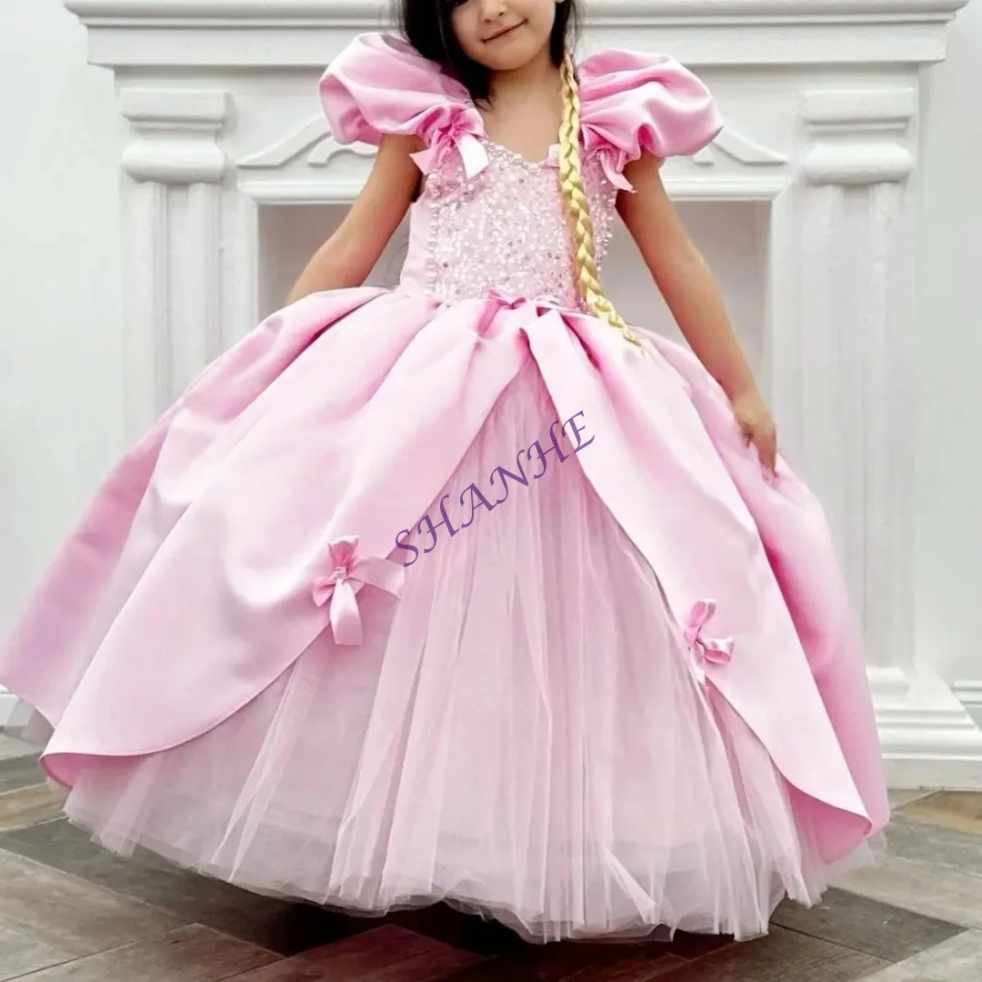 Customized Fluffy Sequin Bow decoration Pink princess dress Flower Girl Dress for Formal Receptions Dance Performances Birthday