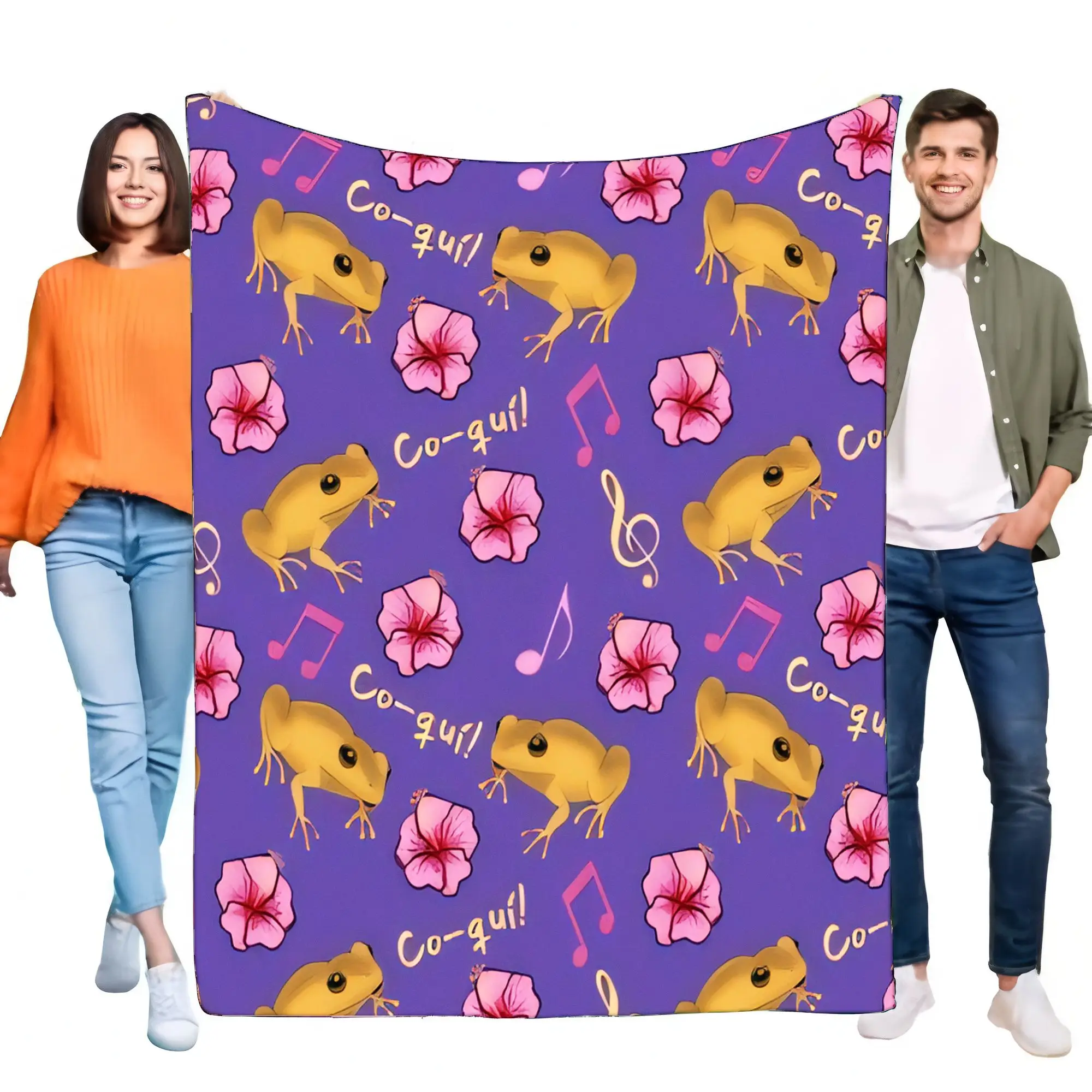 Coqui Frog Blanket Puerto Rico Purple Pink Hibiscus Flower Music Notes Soft Cozy Lightweight Warm Throw for Bed Sofa Travel Home
