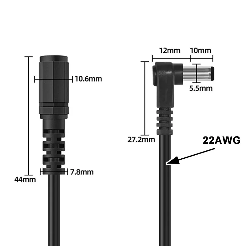 تيار مستمر 5.5x2.1 مللي متر كابل ذكر إلى شاحن أنثي ، 5.5*2.1 مللي متر الزاوية اليمنى 90 درجة كابل شحن 15 سنتيمتر/20 سنتيمتر