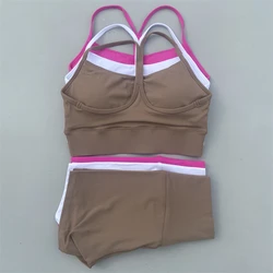 Yoga Shorts Set Women Gym Sports Set Workout Outfit 2 Piece Fitness Suit Y Shape Back Bra High Waist Shorts Running Tracksuit