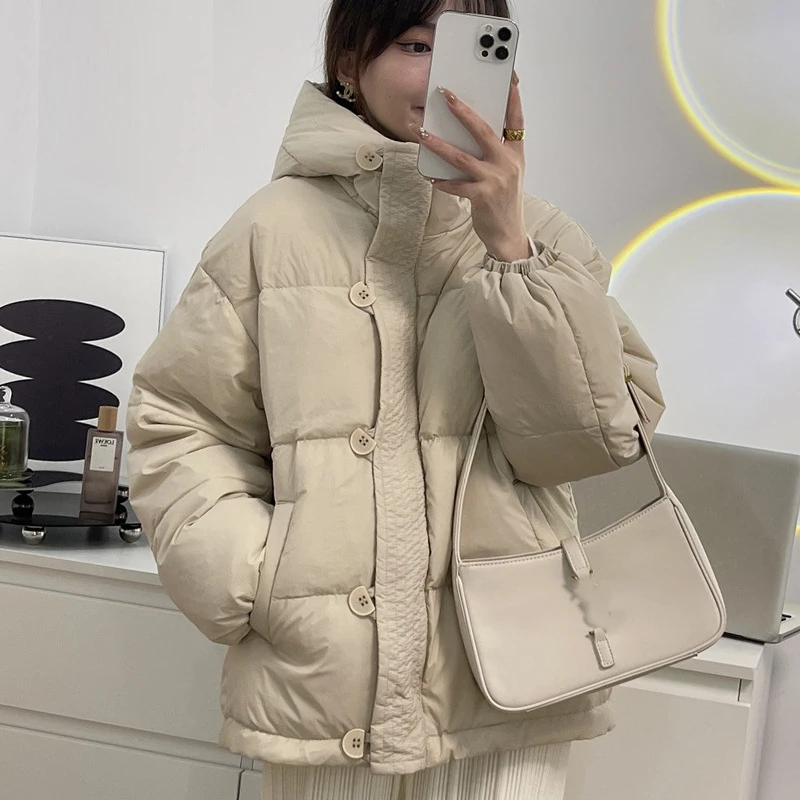 

Solid Color Loose Casual Short Down Jacket Thicken Hooded White Duck Down Jacket 2023 Winter Pocket Button Zipper Down Jacket