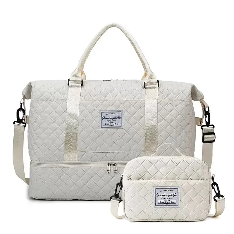 

2 Large-capacity Travel Luggage Bags, Quilted White Duffel Bag With Removable Strap - Large Capacity Gym & Travel Backpack